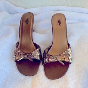 Brown sequined slip on heels